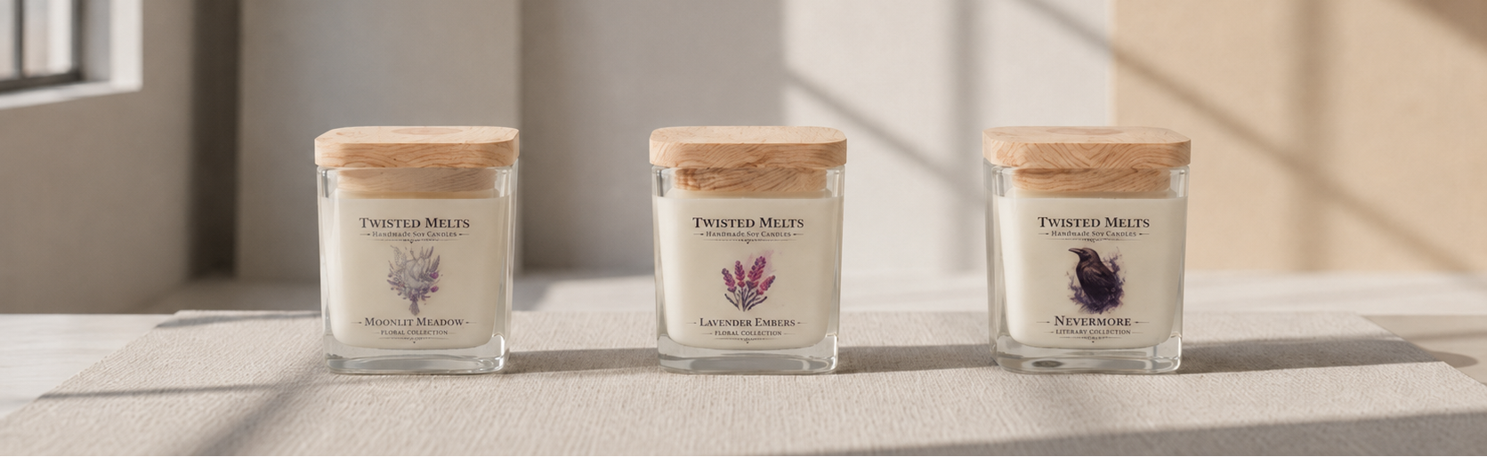 Three Glass Jar candles on a shelf in an open room